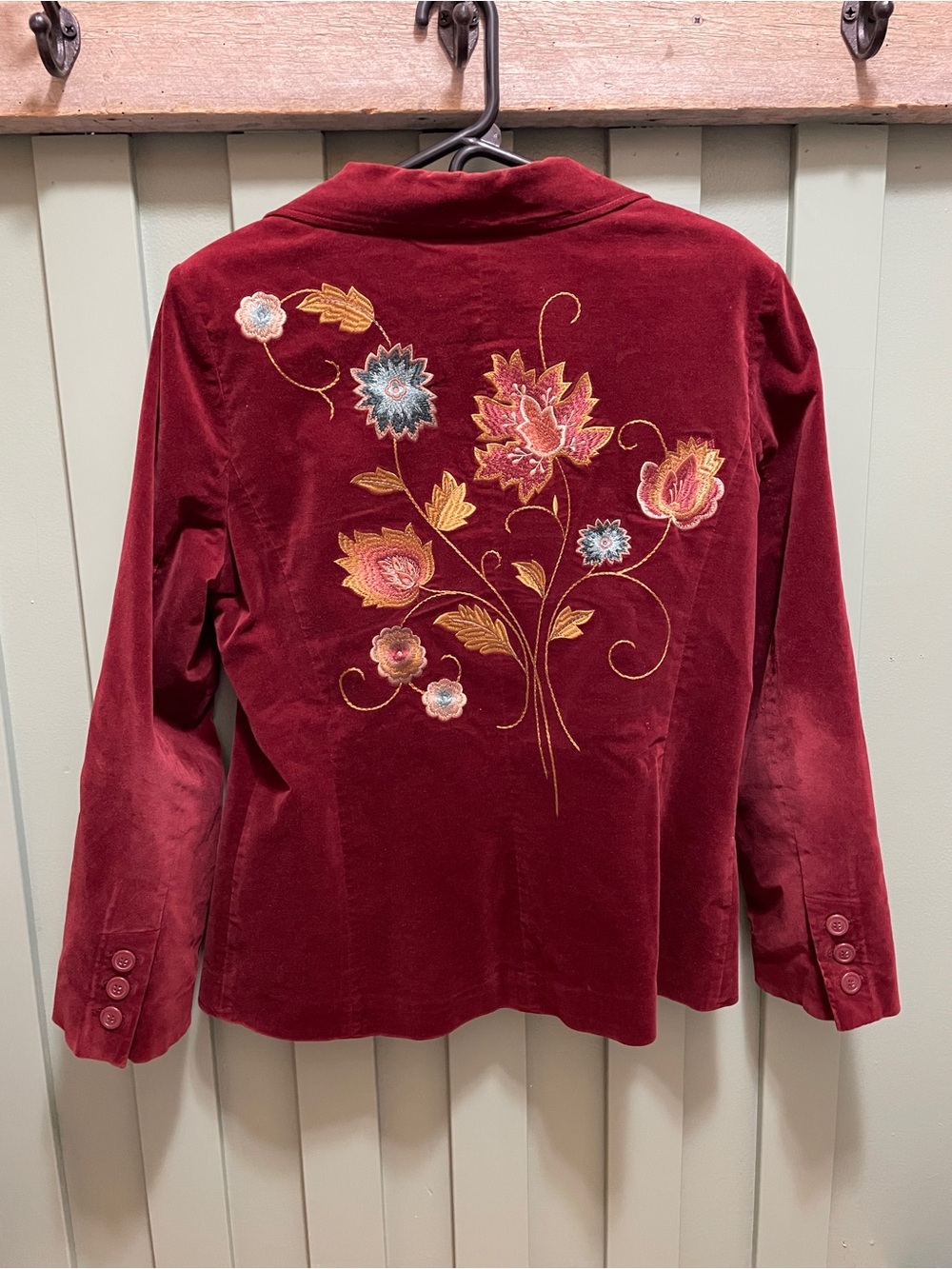 CAbi Burgundy Velvet Blazer with Floral Embroidery 14
